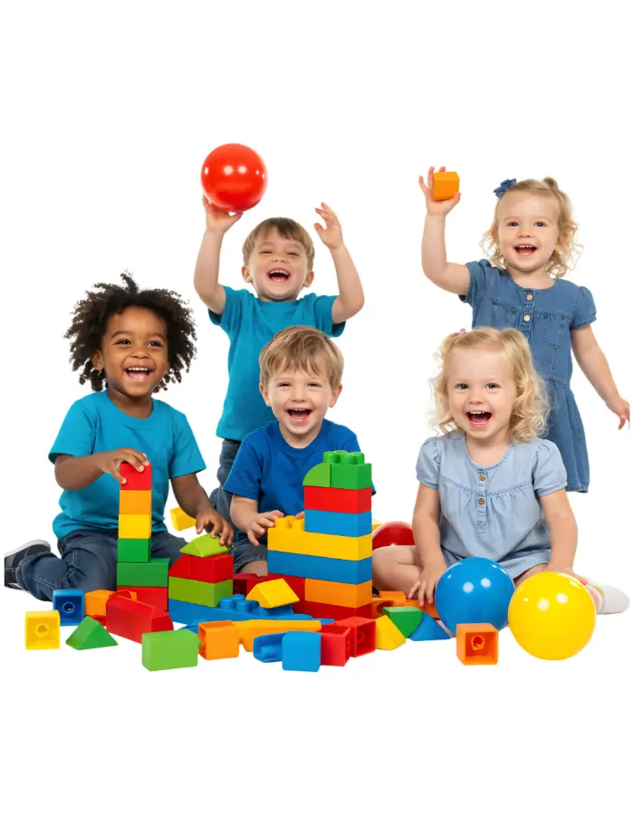 Smiling children playing with colorful toys in a welcoming pediatric care setting at Farrington Pediatrics.